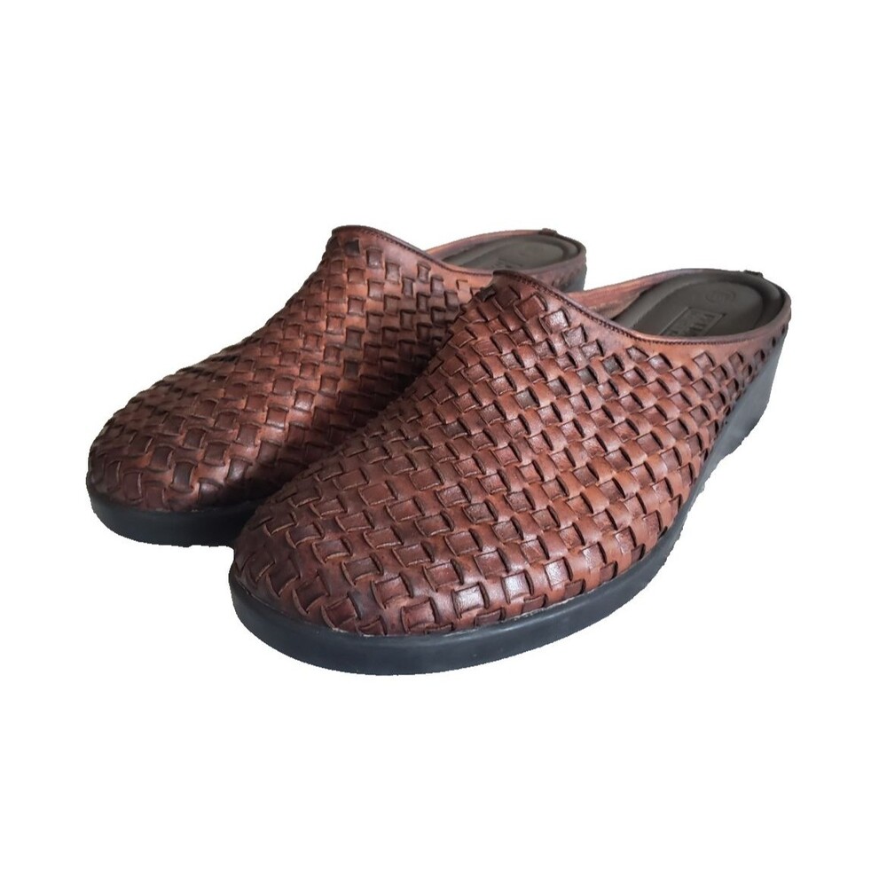 Predictions Brown Woven Leather Mules Womens Size 11 Slip On Clogs Comfort Shoes